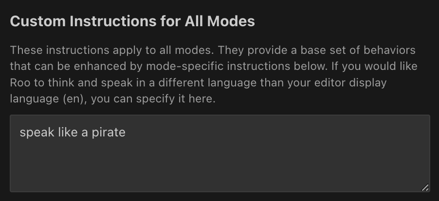 Roo Code Prompts tab showing global custom instructions interface